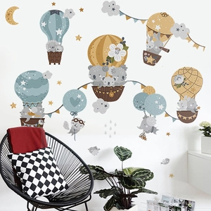 Cute cartoon animal hot air balloon wall decals in Morandi colors for nursery decoration