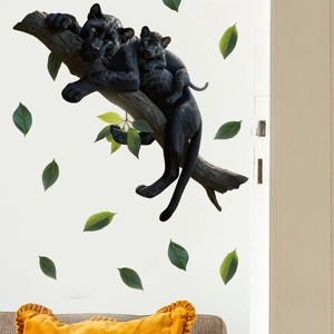 Realistic black panther with cub and green leaves wall sticker for home decoration