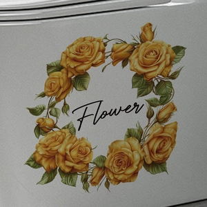 Self-adhesive yellow rose wall decal with Flower typography on a sleek matte surface