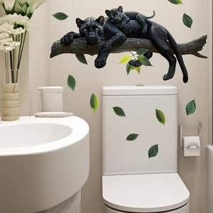 3D black panther with cubs wall sticker and green leaf decals for home wall decoration