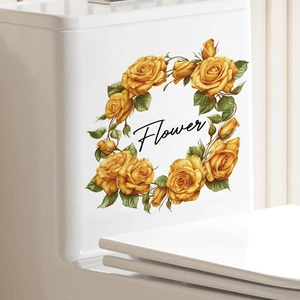 Self-adhesive yellow rose flower wreath wall sticker with Flower text for home decor