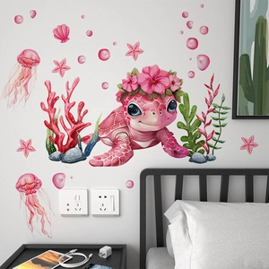 Pink watercolor sea turtle wall stickers set for girls' bedroom and nursery decor