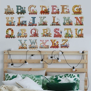 Cartoon train alphabet wall decals for kids room decor featuring A-Z colorful letters