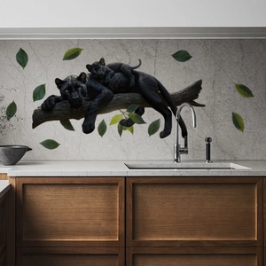 Black panther wall decals with green leaves for living room and kitchen decor