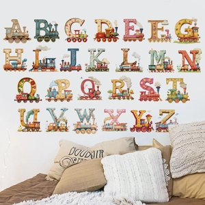 Alphabet train wall stickers for nursery decor featuring colorful vintage letters A-Z