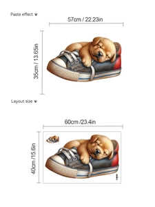 Detail of cute puppy in shoe wall sticker with paste effect and layout dimensions