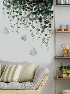 Detail of PVC wall sticker showing hanging vines and butterflies in blue and green tones