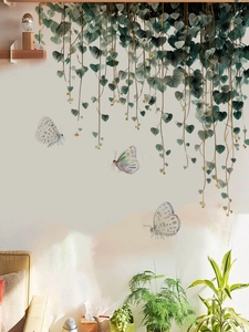 Detailed wall sticker featuring watercolor vines and butterflies in a modern living room