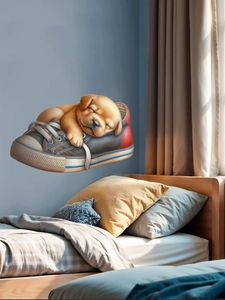 Detailed 3D wall sticker featuring a cute golden puppy sleeping inside a canvas shoe