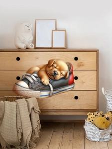 3D drawer stickers featuring a cute puppy sleeping in a canvas shoe for home decor