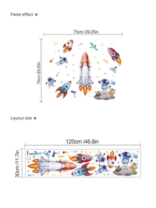 Detail of astronaut and rocket wall sticker with layout and paste effect dimensions