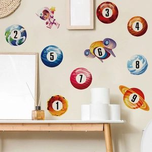 Space galaxy wall decals with numbered planets and astronauts for kids room decoration