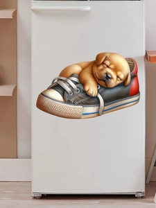 3D wall sticker featuring a golden puppy sleeping in a canvas sneaker for home decor