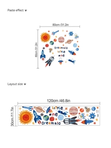 Detailed size chart for space planet wall stickers with astronaut and rocket designs