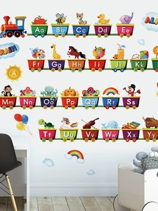 Detail of colorful alphabet train wall stickers with animals for kids room decoration