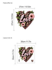 Detail view of leopard print heart wall sticker with Love text and size specifications