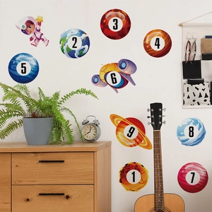 Educational outer space wall decals with numbered planets and astronauts for kids room decor
