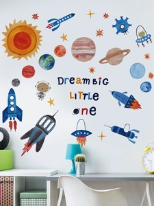 Space themed wall stickers with planets, rockets and bears for cozy nursery decor