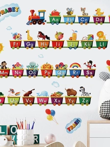 Detailed alphabet train wall decal set with educational cartoon illustrations for nursery decor