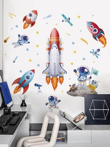 Detailed view of astronaut and rocket wall decals in a modern playroom setting