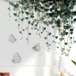 Watercolor vine wall sticker with butterflies for living room and bedroom home decor