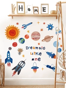 Detail of space-themed watercolor wall stickers with rockets and planets in a nursery