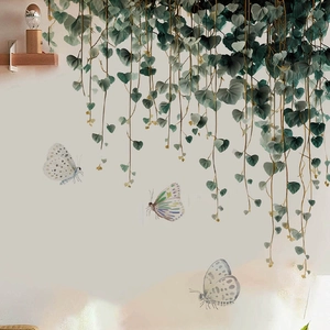 Modern PVC wall sticker featuring green vines and butterflies for living room decor