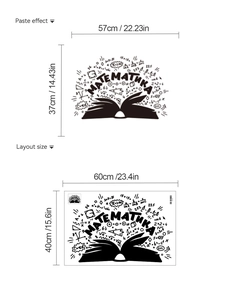 Detailed size specifications for mathematics wall sticker featuring math formulas and book