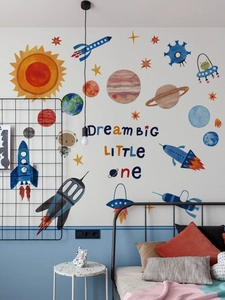 Detailed view of solar system wall stickers with rockets and Dream Big Little One quote