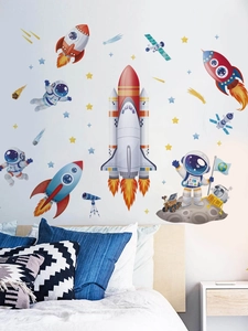 Detailed view of astronaut and rocket wall decals in a blue themed children room