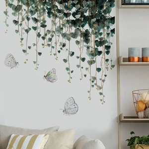 Nature style wall sticker with green vine leaves and watercolor butterflies for home decor
