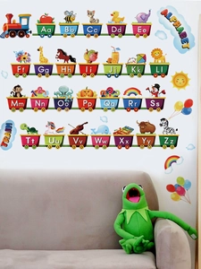 Detail of educational alphabet train wall decals with vibrant colors for kids' rooms