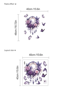 Detail of purple dreamcatcher floral wall sticker showing layout and finished size dimensions