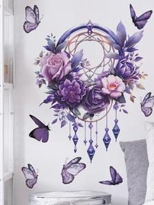 Detail of purple dreamcatcher wall stickers with watercolor flowers and butterflies