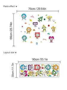 Detail of creative geometric cartoon wall stickers showing layout and 76x66cm dimensions