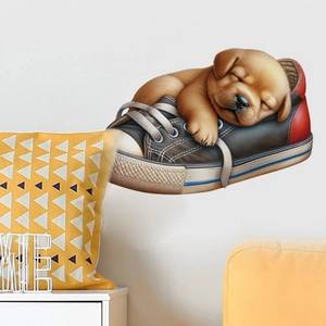 3D golden retriever puppy wall sticker sleeping in a canvas shoe for home decor