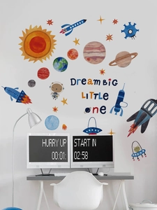 Space theme wall stickers featuring planets and astronauts for kids' bedroom decor