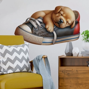 Cute puppy sleeping in a sneaker wall sticker for modern living room home decor