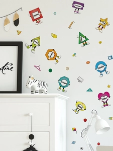 Detailed scene of cartoon geometric wall stickers with English names in a kid room
