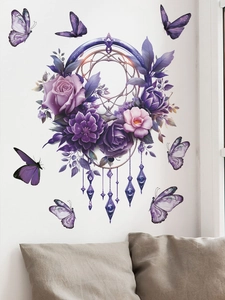 Detail showing purple rose and butterfly dreamcatcher wall stickers on white wall