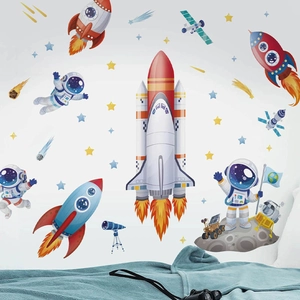Cartoon Astronaut Rocket Wall Sticker PVC Removable Self Adhesive Decal For Kids Room Bedroom Living Room Home Decor Space Theme