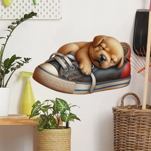 3D wall sticker featuring a cute puppy sleeping in a canvas shoe for home wall decoration