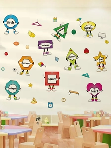 Close-up of geometric wall decals showing colorful cartoon shapes with English names