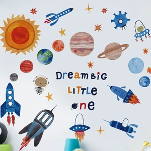 Space Rocket Planet Wall Decals For Kids Bedroom Watercolor Solar System Astronaut Bear Waterproof Removable PVC Wall Stickers