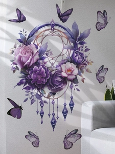 Detailed close-up of purple floral dreamcatcher wall decals with 3D butterflies on white wall