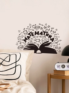 Detail of mathematical formulas and book wall decal in a cozy bedroom setting