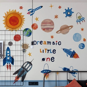 Space rocket and planets wall decals set for kids bedroom featuring Dream Big text
