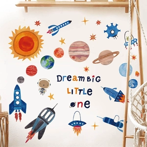 Space themed wall stickers with planets, rockets and astronauts for kids bedroom decor