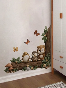 Détail de stickers muraux animaux de la forêt 3D avec ours et hiboux sur mur blanc