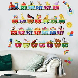 Alphabet train wall decals for kids room with colorful animal illustrations and 26 letters